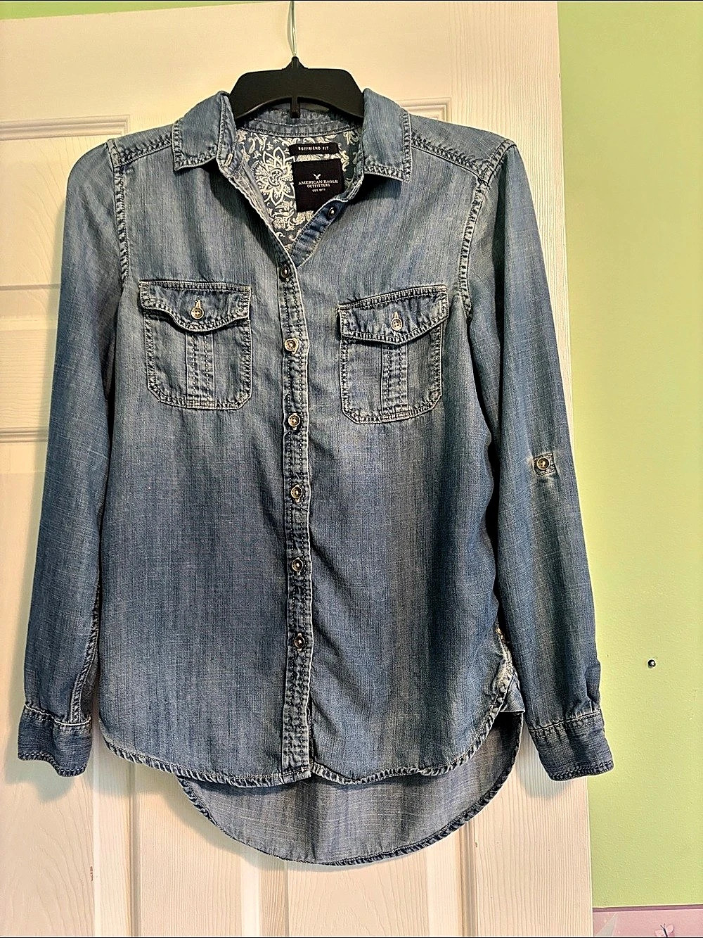 American Eagle Outfitters Boyfriend Fit Denim Shirt Denim Button Down Shirt Blue